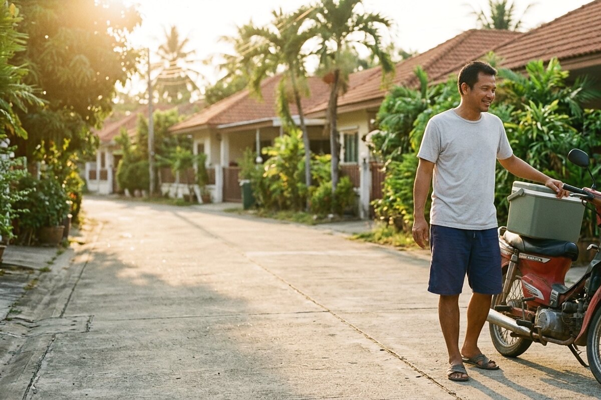 คนส่งอาหารขี่มอเตอร์ไซค์ในหมู่บ้าน Fullrich Asset