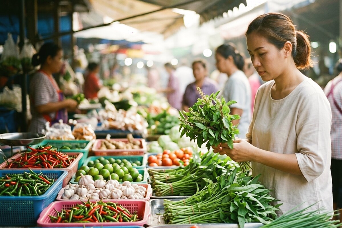 แผงผักสดที่ตลาดเช้าในชะอำ